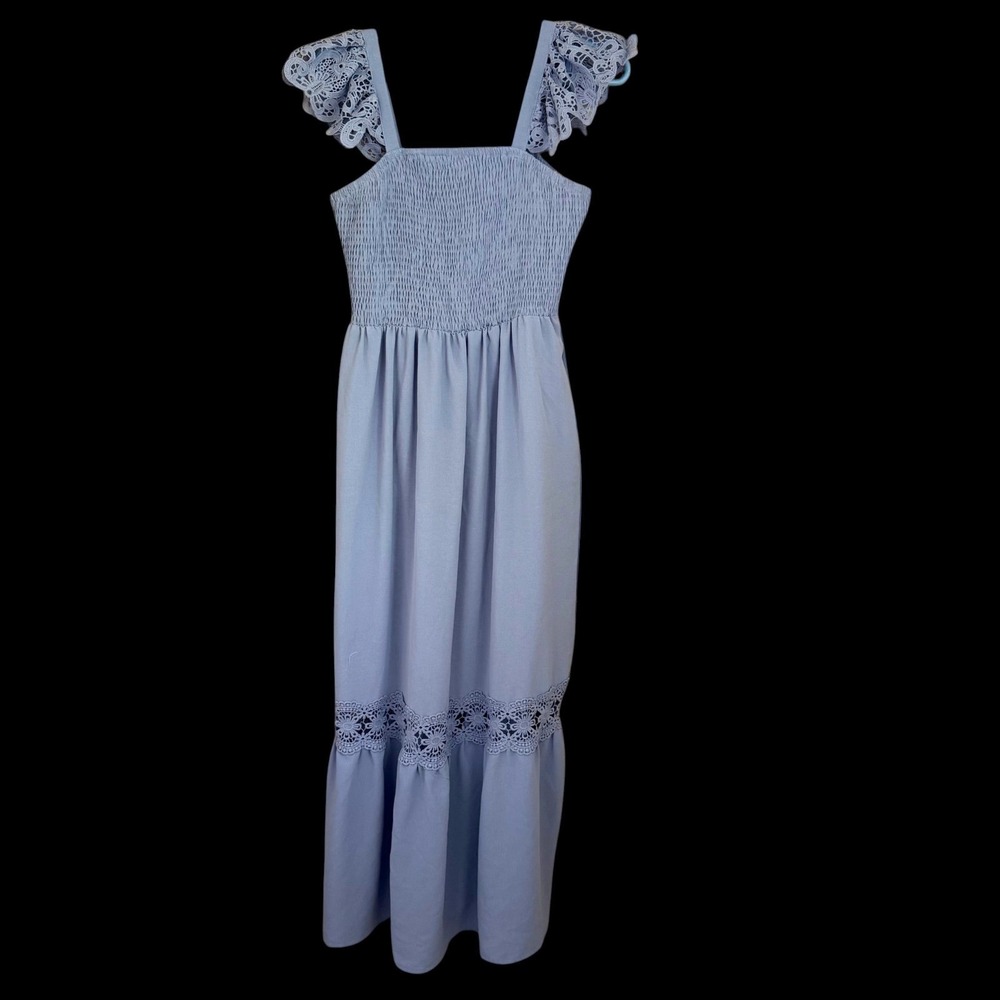 Blue Smocked Maxi Nap Dress M Pocket Lace Ruffle Cottagecore Boho Flowy Romantic